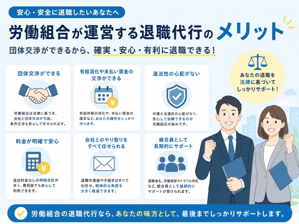 【安心＆高コスパ】労働組合の退職代行を使う4つのメリット！民間や弁護士との違いも徹底解説