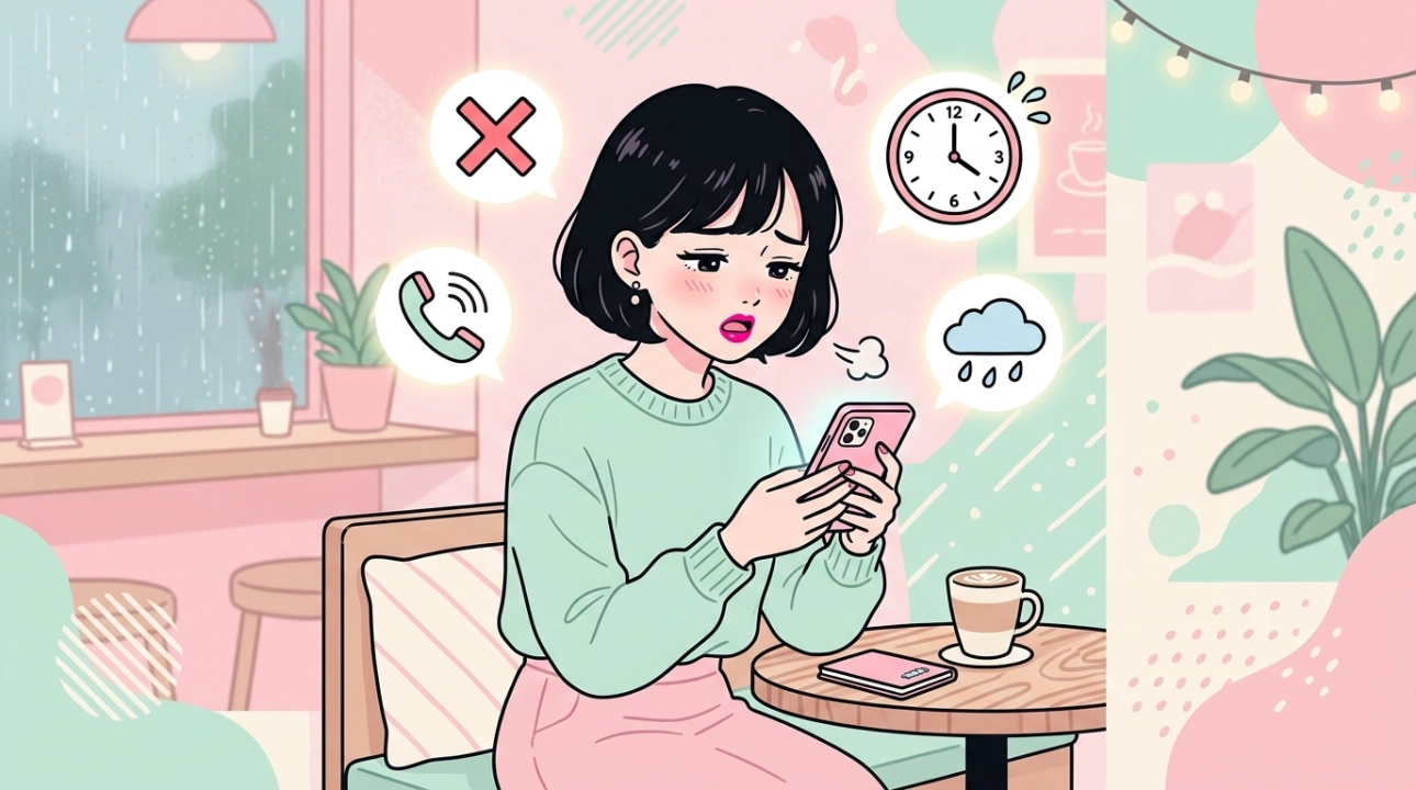 雨の日にキャンセル連絡を受けて落ち込む風俗嬢のイラスト|お茶を引くイメージ