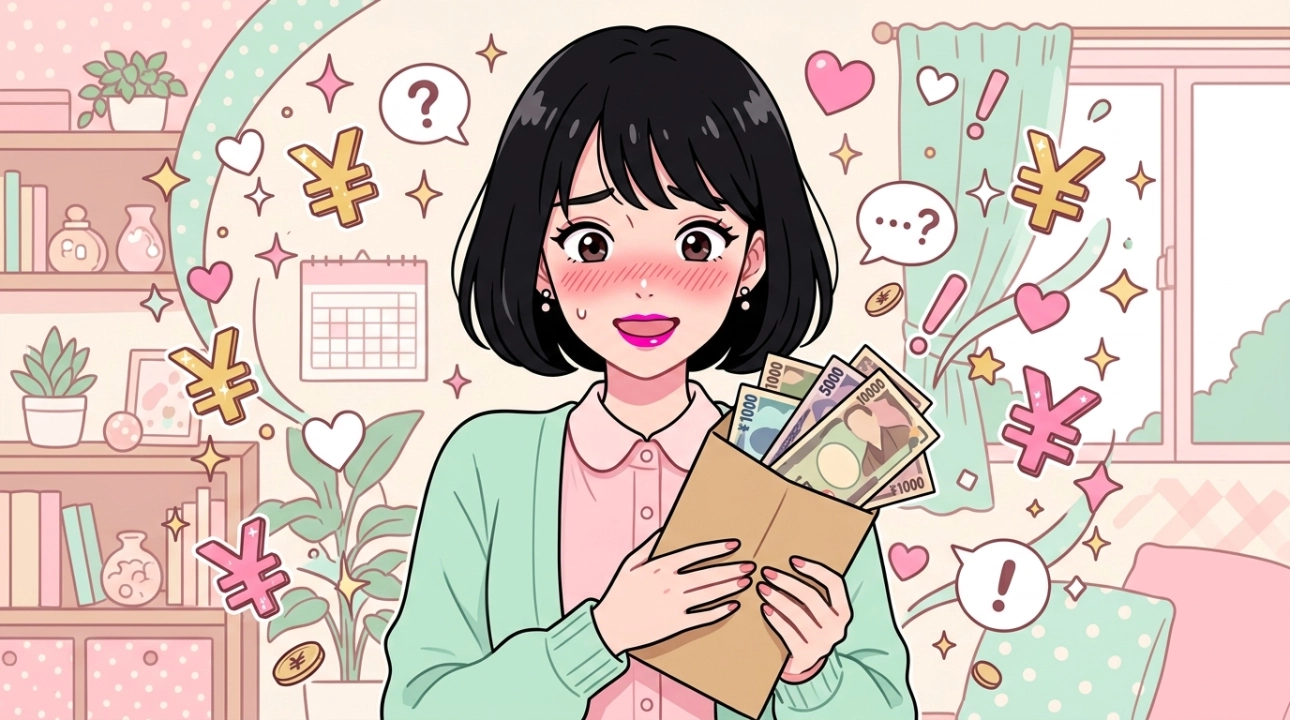 初めての日払い現金を受け取って複雑な表情をする風俗嬢のイラスト