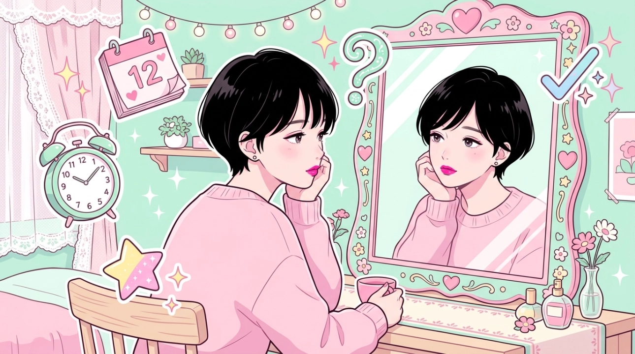 鏡を見つめながら働き続ける自分を振り返る風俗嬢のイラスト|慣れとメンタルケア