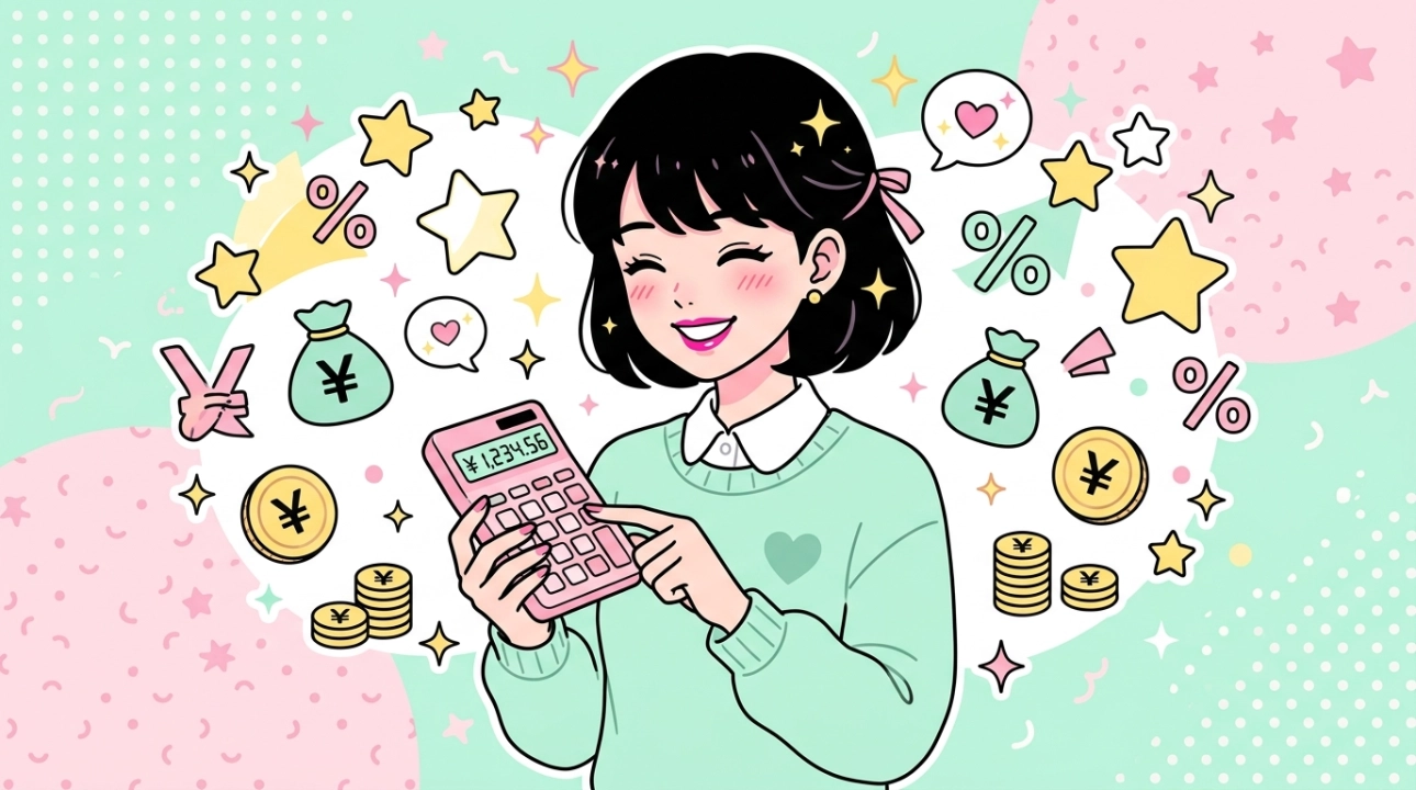 電卓で給与を計算して笑顔のデリヘル嬢のイラスト｜バック率と手取りのイメージ