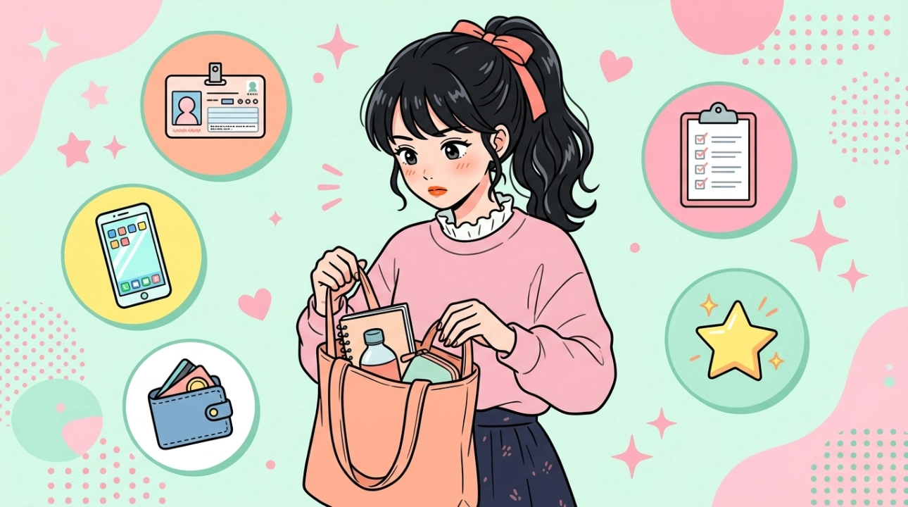 風俗面接の持ち物をカバンで確認する女性のイラスト｜身分証・スマホ・メモ帳チェックリスト