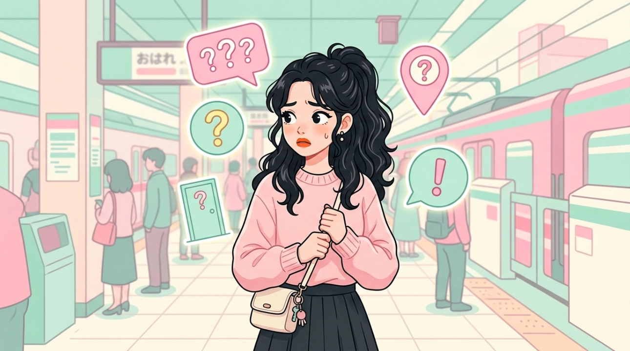 風俗面接の場所がわからず駅で困惑する女性のイラスト｜面接場所あるある
