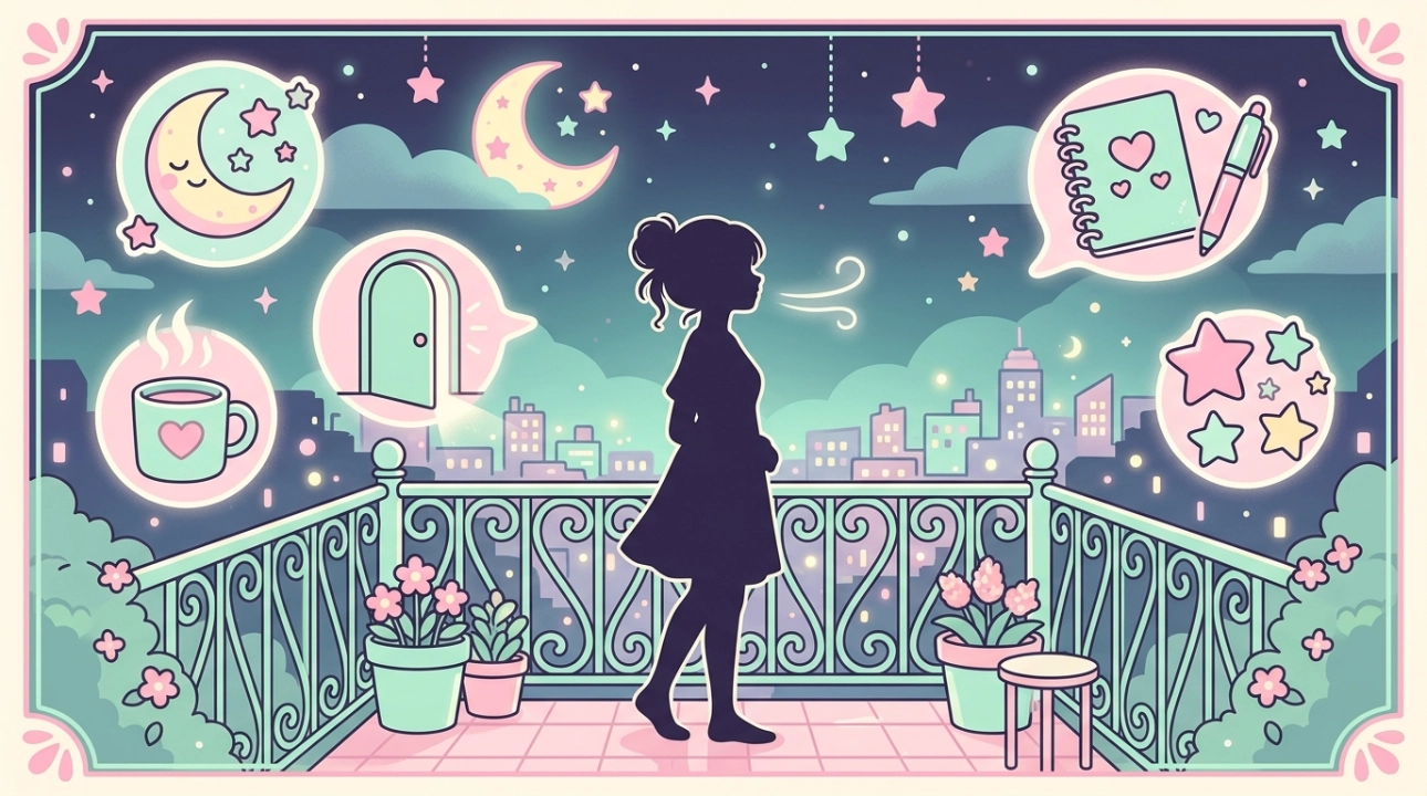夜のテラスで一人月夜の下でため息をつく少女