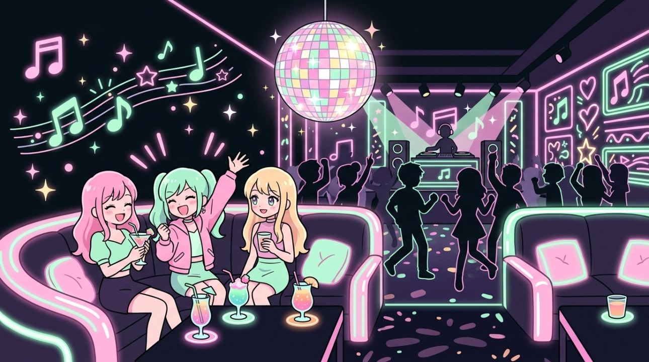 爆音のクラブ風の空間で、ネオンライトに照らされたソファ席・グラス・音符・ミラーボールが描かれたイラスト